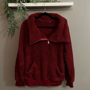 Red Fuzzy Zip Up Pullover Top